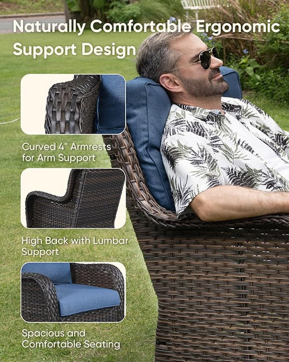 HUMMUH 6-Piece Outdoor Wicker Patio Furniture Set with Swivel Glider Chairs, 3-Seat Sofa & Ottomans 5” Olefin Cushions Ergonomic Neck-Lumbar Backrest All-Weather Rattan for Garden, Deck, Porch