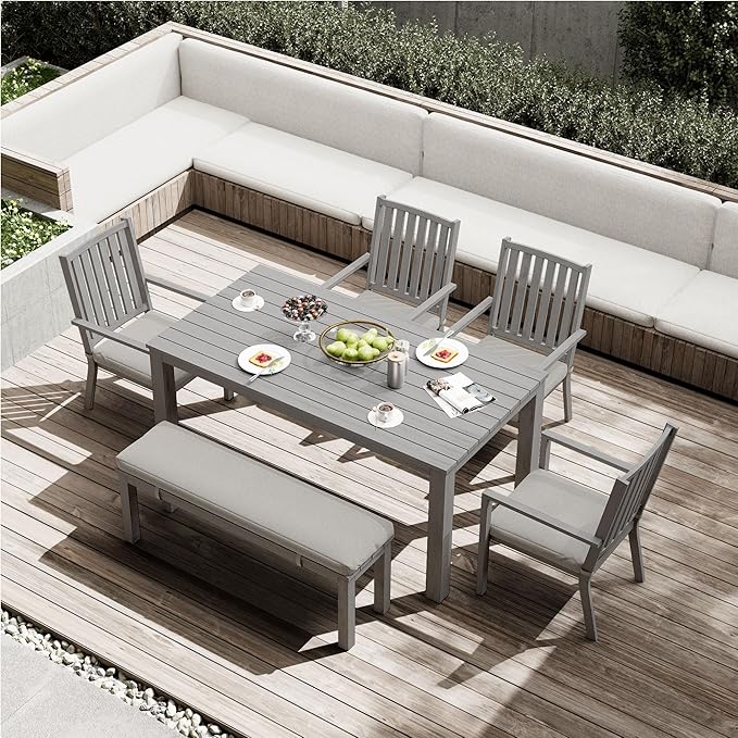 All-Weather Aluminum Outdoor Dining Table, Modern Rectangle Patio Dining Table for Balcony Garden, Grey