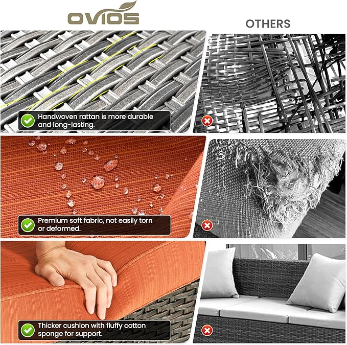 ovios 10 Pieces Patio Furniture Set, Outdoor Wicker Sofa Couch with Swivel Chairs 54" Fire Pit Table, High Back All Weather Modern Conversation Sets, Brown Rattan, Orange Red
