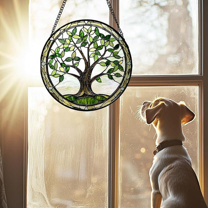 Stained Glass Window Hanging - Brown Tree Trunk Green Leaves Sun Catcher for Door Garden Home Decor Plant Suncatcher Christmas Mother's Day Birthday Gifts for Women Men Mom Nana 7.8 in