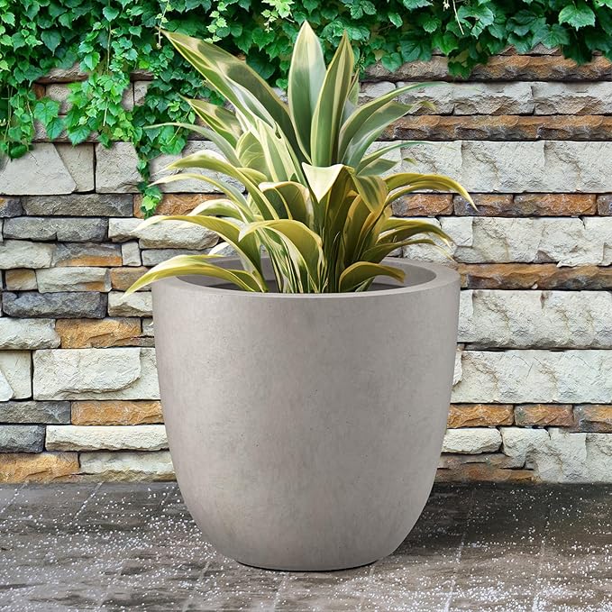 Kante 18 Inch Diameter Round Concrete Planter, Indoor Outdoor Large Plant Pot with Drainage Hole and Rubber Plug for Home Patio Garden, Buff Concrete