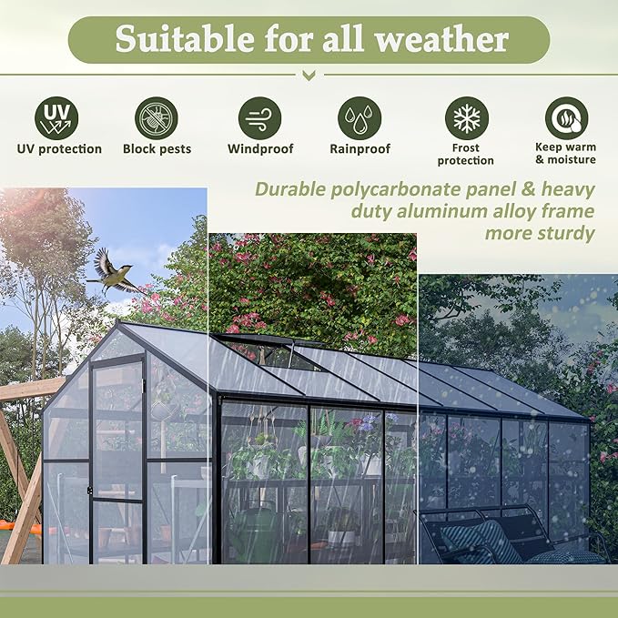 KEIKI 6x12 FT Greenhouse for Outdoors, Heavy Duty Polycarbonate Greenhouse, Large Walk-in Green House with Double Doors and Two Ventilation Windows for Outside Green House Garden Backyard