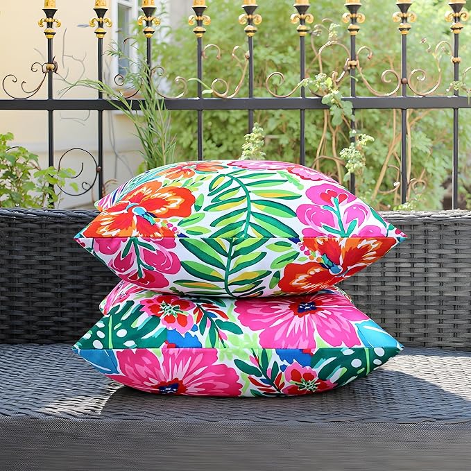 Outdoor Pillow Covers 18x18 Inch Set of 2 Tropical Floral Plants Boho Throw Pillows Cases Waterproof LSquare Garden Cushion Sham for Patio Funiture Tent Balcony Bench Sofa Couch