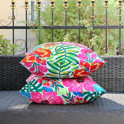 Outdoor Pillow Covers 18x18 Inch Set of 2 Tropical Floral Plants Boho Throw Pillows Cases Waterproof LSquare Garden Cushion Sham for Patio Funiture Tent Balcony Bench Sofa Couch