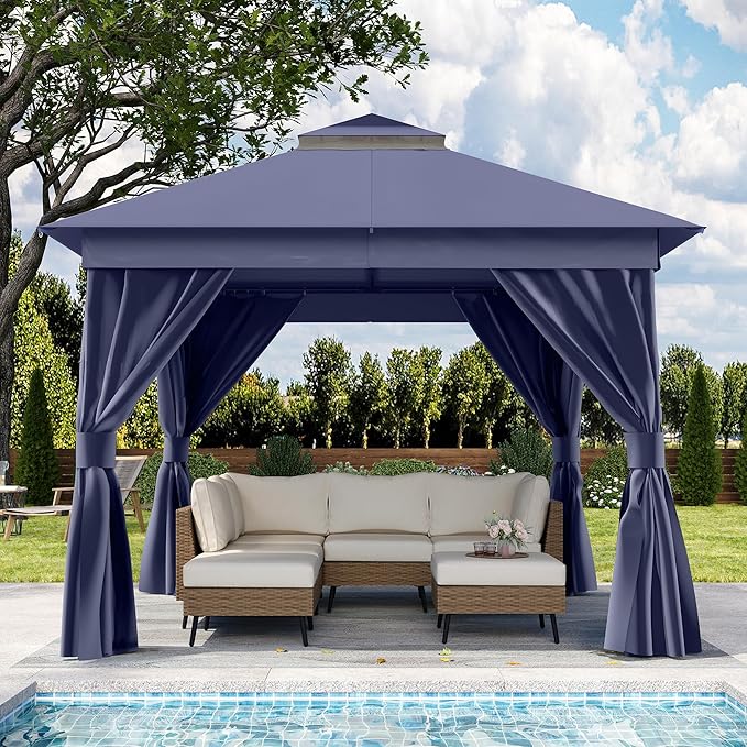 Outdoor Patio Gazebo 8FT, Heavy Duty Party Tent & Shelter with 2-Tier Roof and Expansion Bolts, Mosquito Nettings and Privacy Screens for Backyard, Garden, Poolside, Navy Blue