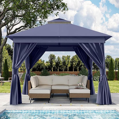 Outdoor Patio Gazebo 8FT, Heavy Duty Party Tent & Shelter with 2-Tier Roof and Expansion Bolts, Mosquito Nettings and Privacy Screens for Backyard, Garden, Poolside, Navy Blue
