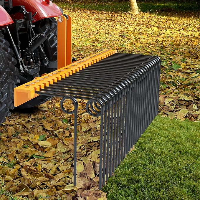 GarveeLife 60 Inch Pine Straw Needle Rake, 3 Point Landscape Rakes, Powder Coated Steel Spring Tow Behind Rake, Tractor Attachments for Leaves Straw Grass Attach to Cat 0 Cat 1, Orange