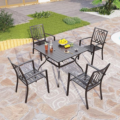 PHI VILLA 5-Piece Metal Patio Outdoor Table and Chairs Outdoor Dining Set - 37" Square Patio Table w/1.57" Umbrella Hole and 4 Backyard Garden Stackable Dining Chairs, Black