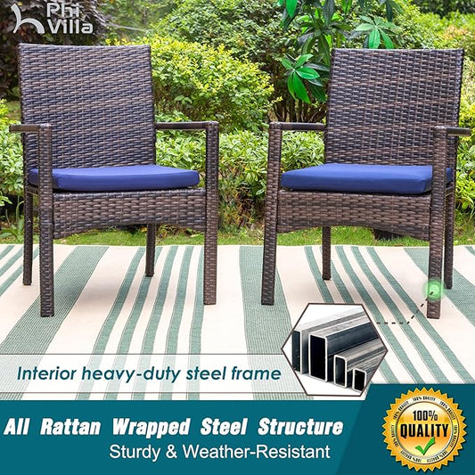 PHI VILLA 4 Pieces Patio Cushioned Rattan Chairs, Outdoor Modern PE Wicker Dining Armchair with Removable Cushions for Deck, Yard, Porch