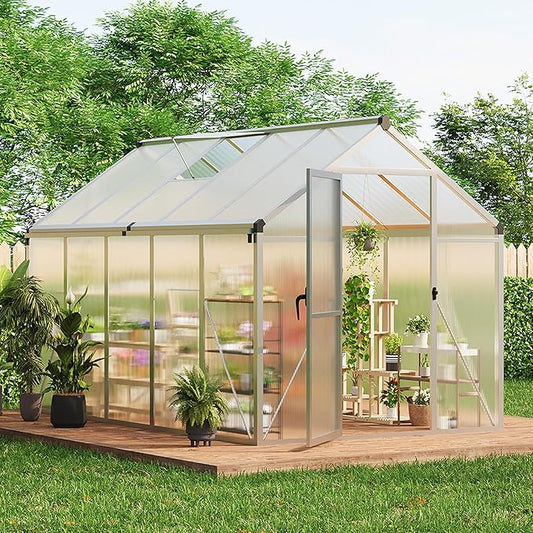 6x10 FT Greenhouse, Easy Assembly Aluminum Polycarbonate Greenhouses for Outdoors with Roof Vent and Ground Nails, Heavy Duty Aluminum Walk-in Greenhouse for Backyard, Sliding Lockable Door, Silver