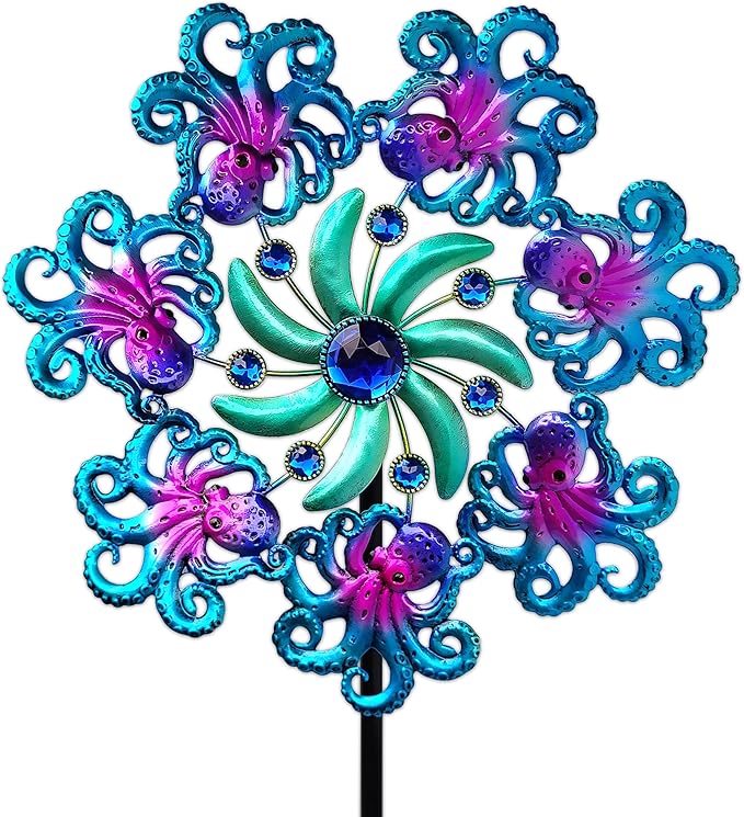 48" Octopus Wind Spinners for Yard and Garden,Ocean Theme Outdoor Decor with Metal Stake Yard Spinners,Wind Sculpture Decorations for Patio,Lawn & Garden