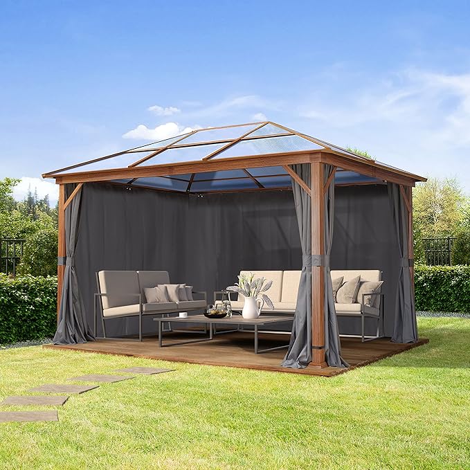 TOOLPORT Hardtop Gazebo 10x13 ft with Polycarbonate Roof - Wood-Like Finish - 4 Side Panels in Gray