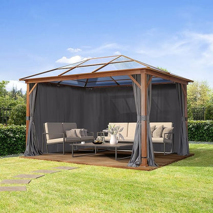TOOLPORT Hardtop Gazebo 10x13 ft with Polycarbonate Roof - Wood-Like Finish - 4 Side Panels in Gray
