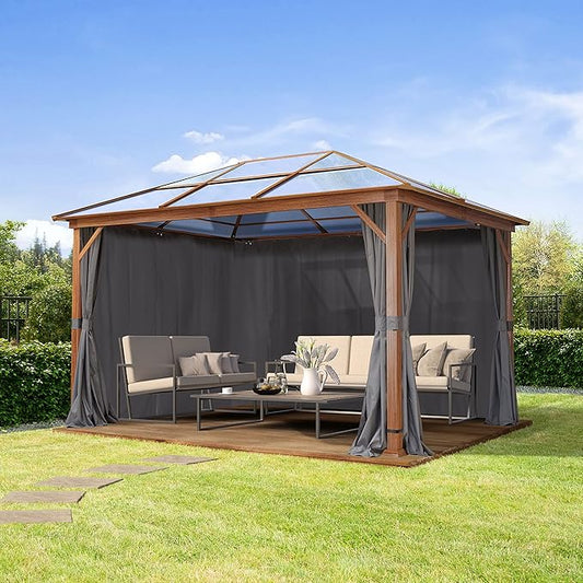 TOOLPORT Hardtop Gazebo 10x13 ft with Polycarbonate Roof - Wood-Like Finish - 4 Side Panels in Gray