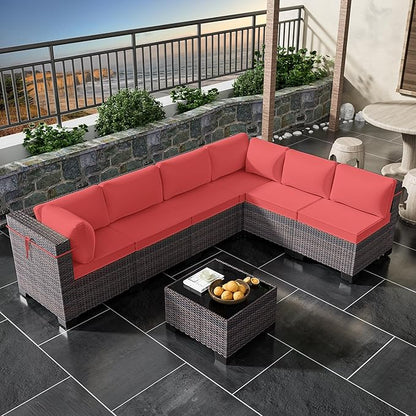Outdoor Patio Furniture Set, 7 Pieces Outdoor Furniture All Weather Patio Sectional Sofa PE Wicker Modular Conversation Sets with Coffee Table,6 Chairs & Seat Clips(Red)