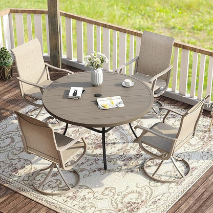 VICLLAX Patio Dining Set for 4, 5 Pieces Outdoor Furniture Includes 40.6" Round Patio Table with Umbrella Hole and 4 Outdoor Swivel Chairs for Lawn Garden, Grey Wood Grain Tabletop