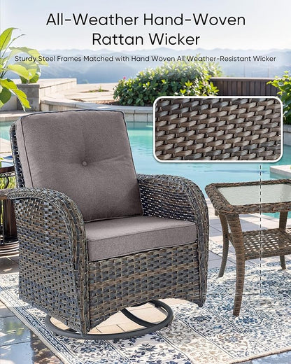 HUMMUH Outdoor Swivel Chairs,3 Pieces Patio Furniture Set with 360 Degree Wicker Swivel Rocking Chairs and Side Table for Garden,Porch,Backyard (Brown/Grey)