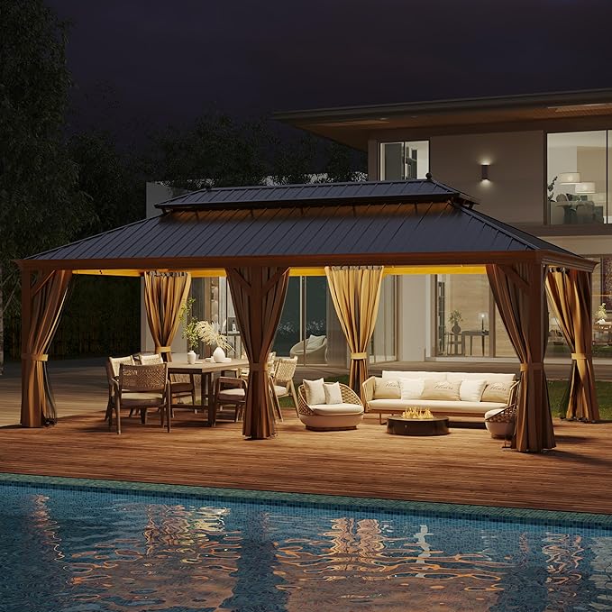 12' X 22' Hardtop Gazebo, Aluminum Wood-Looking Frame Outdoor Permanent Galvanized Steel Double Roof Pavilion Pergola Canopy with Privacy Curtains for Garden, Patio, Backyard, Deck and Lawns.