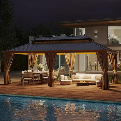 12' X 22' Hardtop Gazebo, Aluminum Wood-Looking Frame Outdoor Permanent Galvanized Steel Double Roof Pavilion Pergola Canopy with Privacy Curtains for Garden, Patio, Backyard, Deck and Lawns.