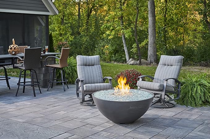 Outdoor GreatRoom Co Propane Fire Pit Table - Cove Gas Fire Pits for Outside Patio - 42 Inch Round Edge Bowl Concrete Firepit Fire Table, Glass Tabletop Cover, Tempered Clear Glass Gems, 105,000 BTU