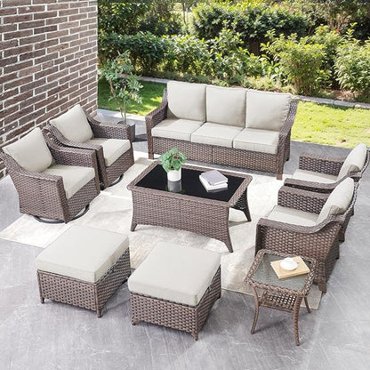 Outdoor Patio Wicker Swivel Chairs - Set of 4 Outside Rattan Rocker Glider Chair Rocking Armchairs for Front Porch Balcony Backyard Yard Deck Poolside Apartment – Brown/Beige