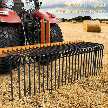 60" Durable Powder Coated Steel Pine Straw Rake, Steel Spring Landscape Rake for Leaves, Pine Needles, Straw, and Grass Attaches to Cat 0 Cat 1,3 Point Hitch Tractor, Yellow