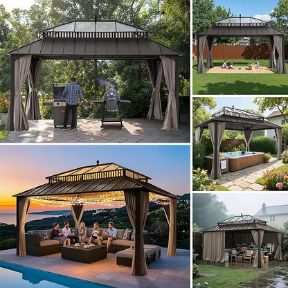 SUNJOY Kingston 16' x 12' Hardtop Gazebo with Galvanized Steel/Polycarbonate Double Roof, Curtain and Netting, Brown Aluminum Posts Permanent Pavilion Gazebo for Garden, Patio, Deck, Lawn