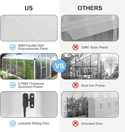 MUPATER 6' x 10' Polycarbonate Greenhouse, Heavy Duty Greenhouse with 4MM Polycarbonate Panel, Aluminum Green-House Kit with Lockable Door & Adjustable Roof Vent for Plants, Backyard, Garden, White