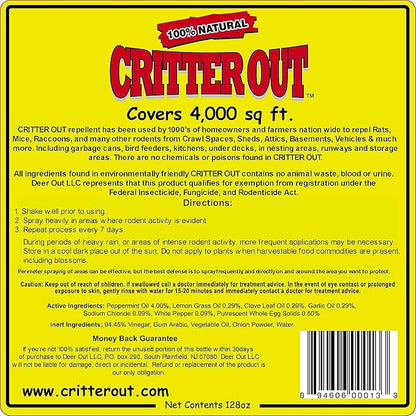 Mouse & Rat Repellent: Peppermint Oil Rodent Repellent, Mouse, Rat & Rodent Repellent. Get Rid of Rats Protect Engine Wiring, Prevent Nesting, Stops Chewing: Critter Out 1 Gallon Ready to Use