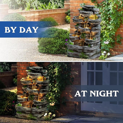 7-Tiers Garden Waterfall Fountain Outdoor - Water Fountains and Waterfalls, Outdoor/Indoor Floor Standing Resin Water Fountain with LED Light for Patio, Garden and Backyard, Deck, Porch, Home