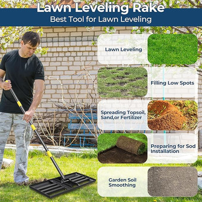 Extra Wide 30" Leveling Rake for Lawn Care - 60in Extendable Stainless Steel Handle with Ergonomic Grip | Professional Grass Leveling Tool for Golf Courses, Soccer Fields, Backyard Turf Maintenance
