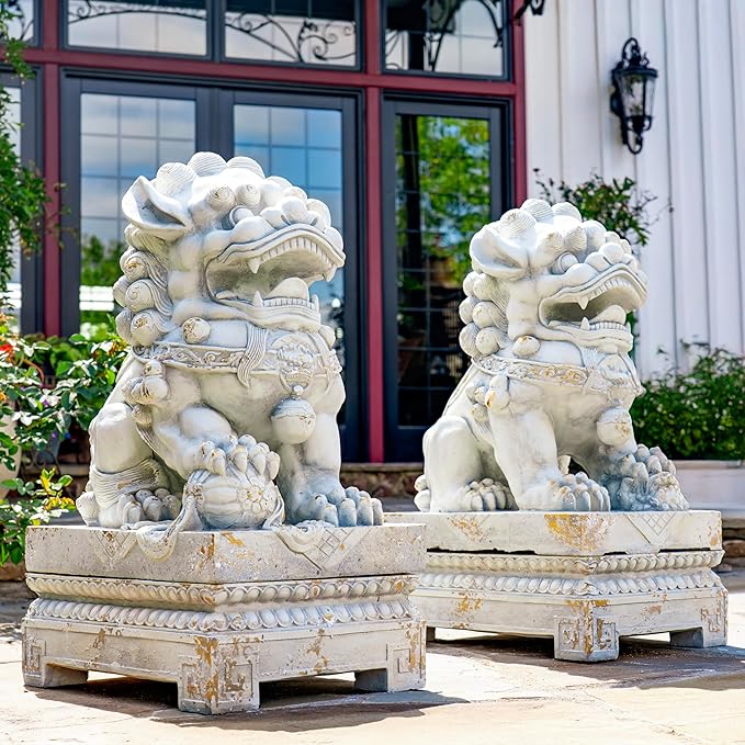 Zaer Ltd. Set of 2 Traditional Fu Dog Garden Statues, Chinese Guardian Lion Sculptures with Pedestals, Made with Magnesium-Cement (Distressed Gray)