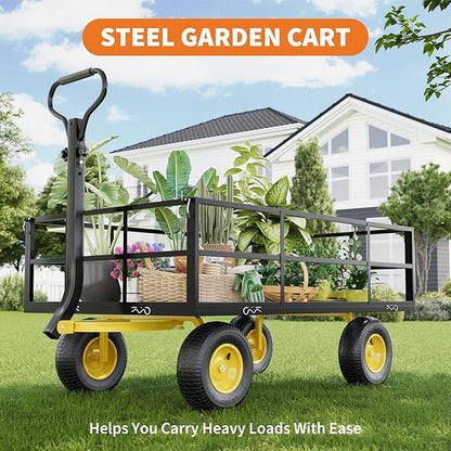 Metal Wagon - 1200lbs Garden Cart with 10" Multi-Terrain Tires, 4 Removable Mesh Sides & 180° Swivel Handle, Yard Wagon Cart for Lawn, Yard, Patio Gardening