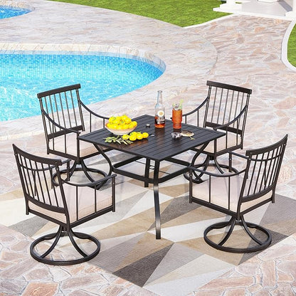 PHI VILLA 5 Pieces Outdoor Dining Set for 4, Square Black Wrought Iron Table with Umbrella Hole & Swivel Metal Chairs with Cushions, Modern Furniture for Patio, Deck, Yard, Porch
