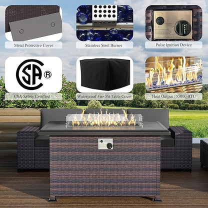 Outdoor Patio Furniture Set with Propane Fire Pit Table, 7 Pieces Outdoor Furniture Patio Sectional Sofa Conversation Sets w/ETL Approved 43" Gas Outdoor Fire Table & Coffee Table (Grey)