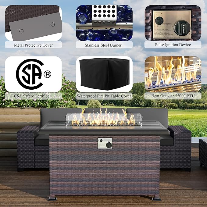 Outdoor Patio Furniture Set with Propane Fire Pit Table, 13 Pieces Outdoor Furniture Patio Sectional Sofa Conversation Sets w/ETL Approved 43" Gas Outdoor Fire Table & Coffee Table (Grey)