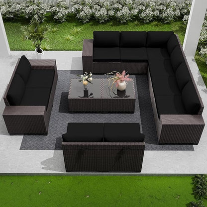 Outdoor Patio Furniture Set, 12 Pieces Outdoor Furniture All Weather Patio Sectional Sofa PE Wicker Modular Conversation Sets with Coffee Table,10 Chairs & Seat Clips(Black)