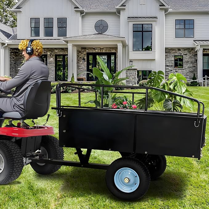 Utility Trailer, Steel ATV Trailer, Heavy Duty Lawn Mower Trailers, 750 Lbs 15 Cu.Ft. with Removable Sides, Pneumatic Tires and Quick Dump Pull Back, Dump Trailers for Gardens, Tractors, and Farms