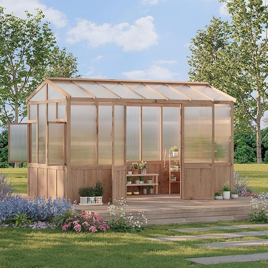 8X12 FT Heavy Duty Wooden Greenhouse for Outdoor - Walk-in Green House Kit with 6mm Polycarbonate, Ventilated Window & Lockable Door for Backyard, Patio, Lawn