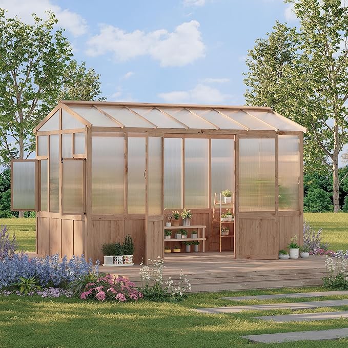 8x12 ft Wooden Greenhouse for Outdoor - Heavy Duty Walk-in Green House Kit with 6 mm Polycarbonate,Ventilated Window & Lockable Door for Backyard,Patio,Lawn