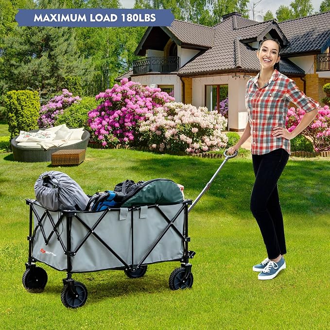 Goplus Collapsible Wagon, Folding Utility Wagon Cart w/Universal Wheels & Adjustable Handle & Cover Bag, Grocery Wagon for Garden Shopping Camping (Grey)