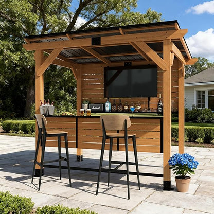 6x8FT Cedar Wood Entertainment Bar Center - Modern Outdoor Bar Gazebo with Galvanized Steel Roof & TV Support Bracket, Backyard Hub with Shelves for Gatherings, Parties, Grilling & Leisure