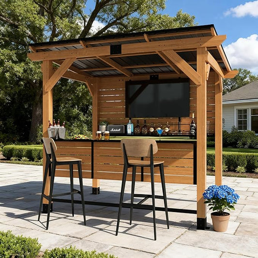 6x8FT Cedar Wood Entertainment Bar Center - Modern Outdoor Bar Gazebo with Galvanized Steel Roof & TV Support Bracket, Backyard Hub with Shelves for Gatherings, Parties, Grilling & Leisure