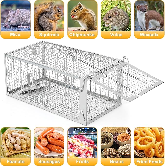 2 Pack Humane Rat Traps - Live Mouse Rat Cage Traps Catch and Release for Indoor Outdoor, Small Animals Traps, Easy to use(12.6''*5.5''*4.7'')