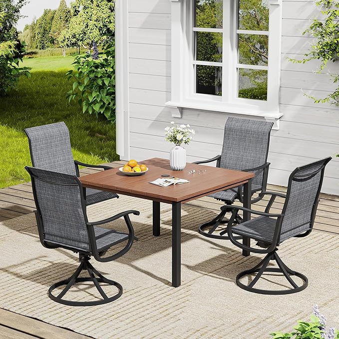 VICLLAX 5 Pieces Outdoor Dining Set, Patio Furniture Set of 4 Patio Swivel Dining Chairs and Square Patio Table, Dark Charcoal Chairs & Walnut Tabletop