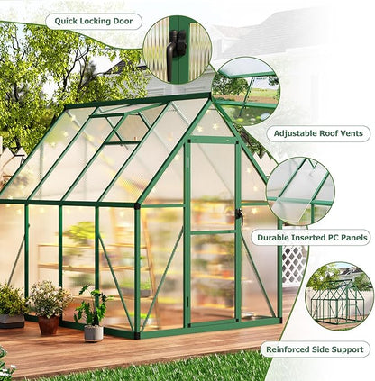 CABIHOME 6x7 FT Outdoor Greenhouse, Polycarbonate Greenhouse with Roof Vent and Ground Nails, Aluminum Large Walk-in Green House w/ Lockable Push Door for Outside Garden Backyard (Green, 6x7 FT)