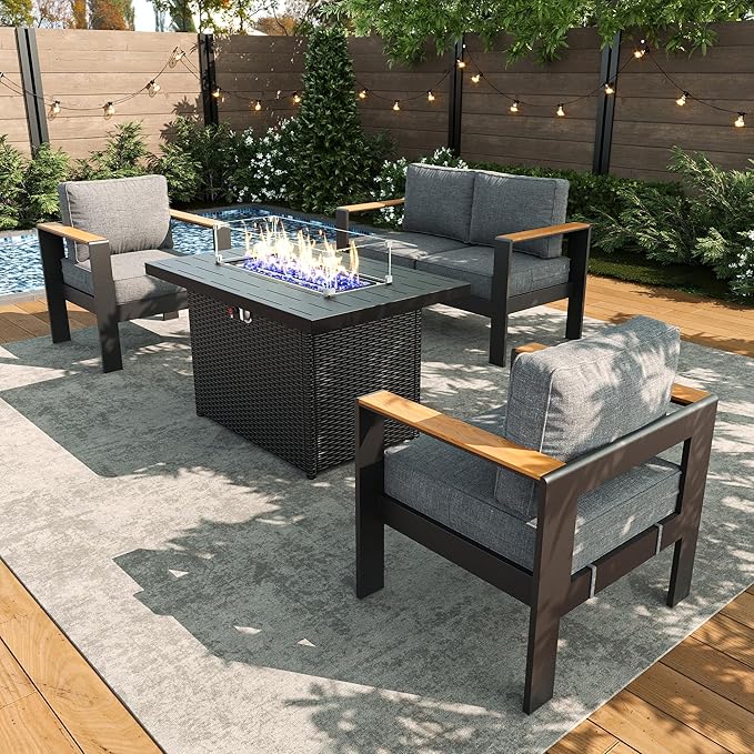 LayinSun 4 Piece Aluminum Outdoor Furniture Set with Fire Pit Table, Outside Patio Deep Seating Conversation Set with Upgraded Washable Thick Cushion