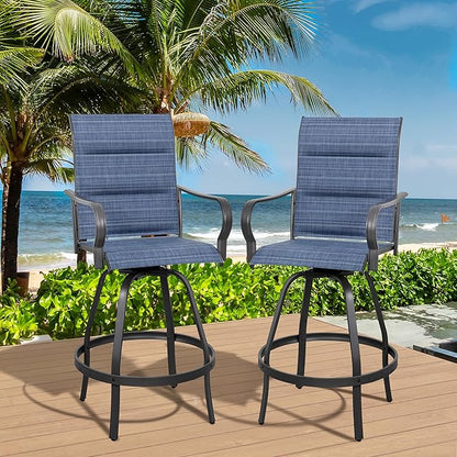 Vongrasig 2 Piece Outdoor Patio Swivel Bar Chairs, All Weather Padded Sling Textile High Top Bar Stools, Bistro Set for Backyard, Lawn Garden, Balcony, Padded Blue