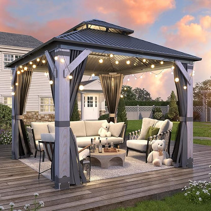 GARTOO 10' x 10' Outdoor Wood Gazebo - Permanent Wooden Hardtop Gazebo Pavilion with Double Curtains, Galvanized Steel Roof Cedar Wood Gazebos for Garden, Backyard Deck, Lawn, Poolside