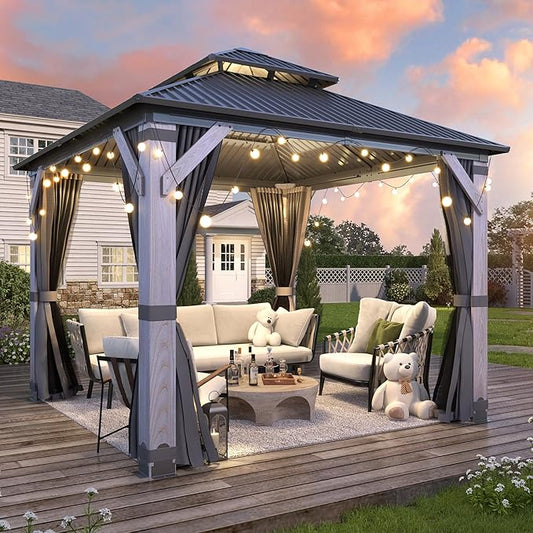 GARTOO 10' x 10' Outdoor Wood Gazebo - Permanent Wooden Hardtop Gazebo Pavilion with Double Curtains, Galvanized Steel Roof Cedar Wood Gazebos for Garden, Backyard Deck, Lawn, Poolside